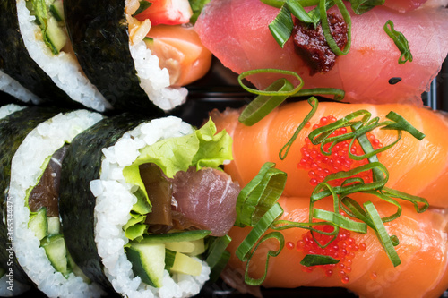 A set of sushi with salmon and tuna.