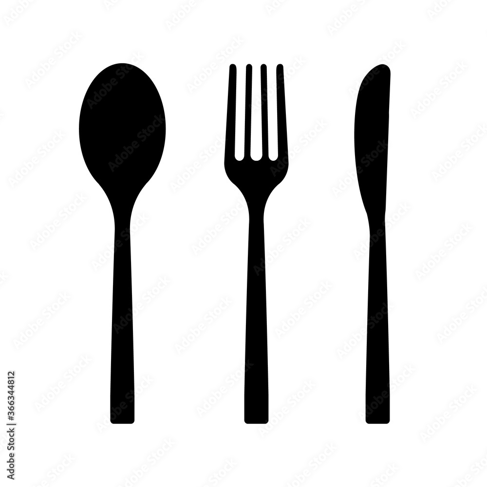 Fork, spoon and knife for eat in restaurant. Kitchen tools icon set. Vector stock illustratin eps10. Isolated on white Fork, spoon and knife for eat in restaurant. Kitchen tools icon set. Vector stock illustratin eps10. Isolated on white