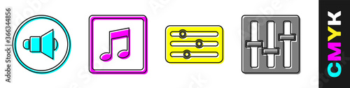 Set Speaker volume, Music note, tone, Sound mixer controller and Sound mixer controller icon. Vector.