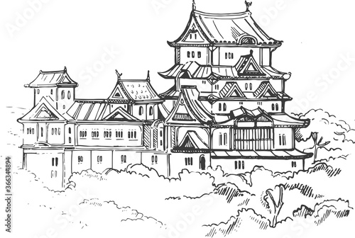 UNESCO – Himeji Castle, near Osaka, Japan Illustration vector doodle hand drawn of sketch Himeji jo castle.Japanese historical showplace for print, souvenirs, postcards, decoration, picture.
