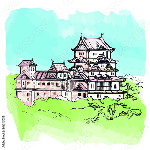 UNESCO – Himeji Castle, near Osaka, Japan Illustration vector doodle hand drawn of sketch Himeji jo castle.Japanese historical showplace for print, souvenirs, postcards, decoration, picture.
