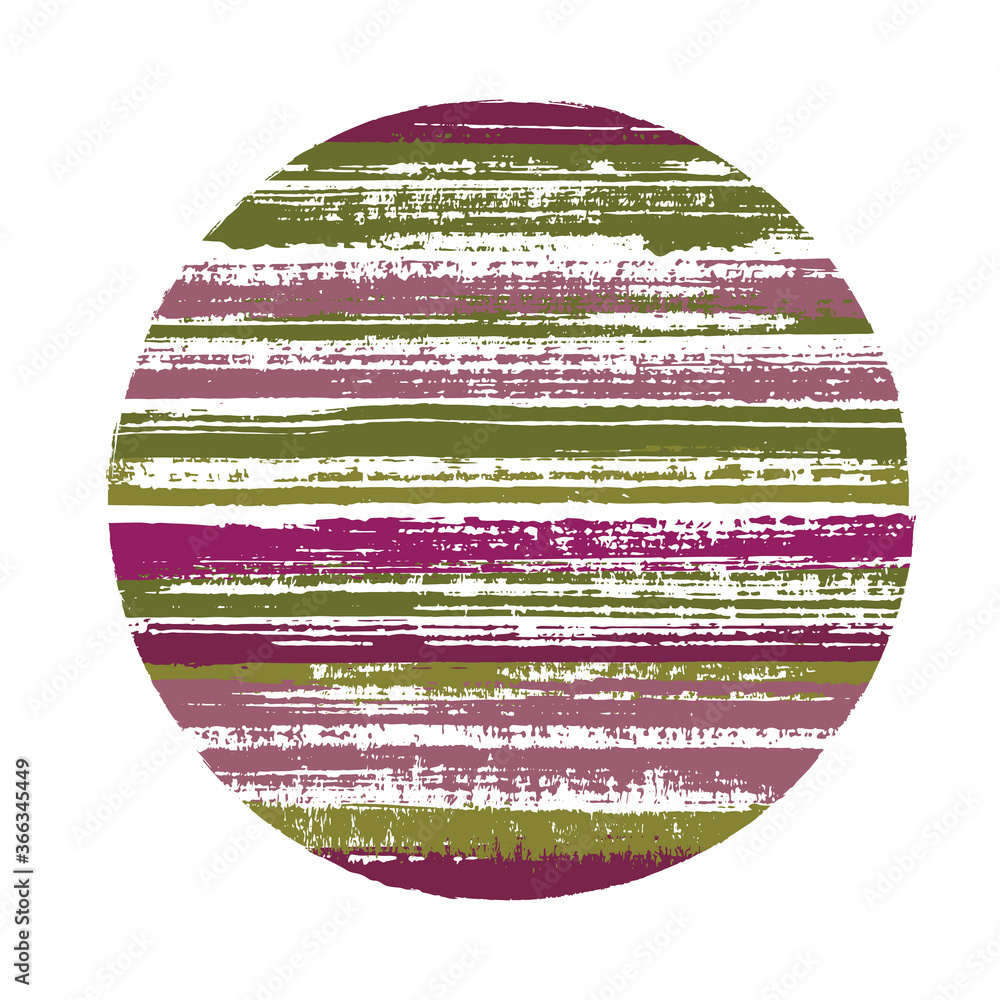 Hipster circle vector geometric shape with striped texture of paint horizontal lines. Planet concept with old paint texture. Label round shape circle logo element with grunge background of stripes.