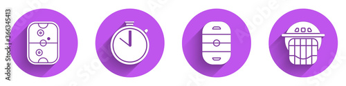 Set Air hockey table, Stopwatch, Ice hockey rink and Hockey helmet icon with long shadow. Vector.
