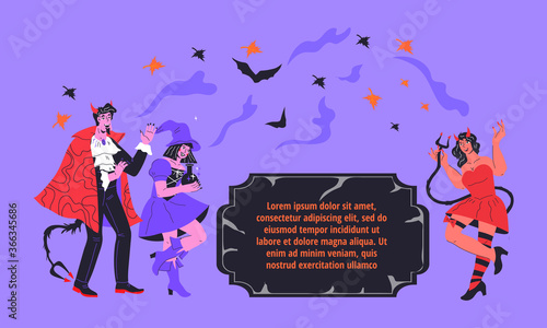 Halloween Party poster or banner template with people in festive costumes and place for text. Witch and demons characters on purple background for Halloween night. Cartoon vector illustration.