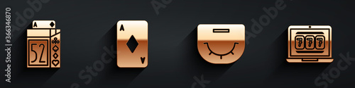 Set Deck of playing cards, Playing card with diamonds, Poker table and Laptop and slot machine icon with long shadow. Vector.