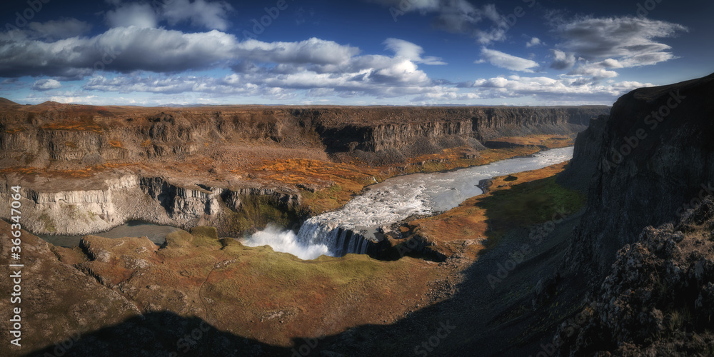 Hafragilsfoss waterfall in Northeast Iceland. Beautiful nature icelandic landscape in sunny day. Panorama view