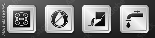Set Manhole sewer cover, Water drop forbidden, Wastewater and Water tap icon. Silver square button. Vector.