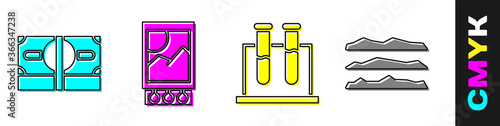 Set Stacks paper money cash, Open matchbox and matches, Test tube and flask and Cocaine or heroin drug icon. Vector.