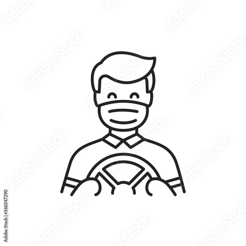 Masked driver driving black line icon. Safe travel. Pictogram for web, mobile app, promo. UI UX design element.