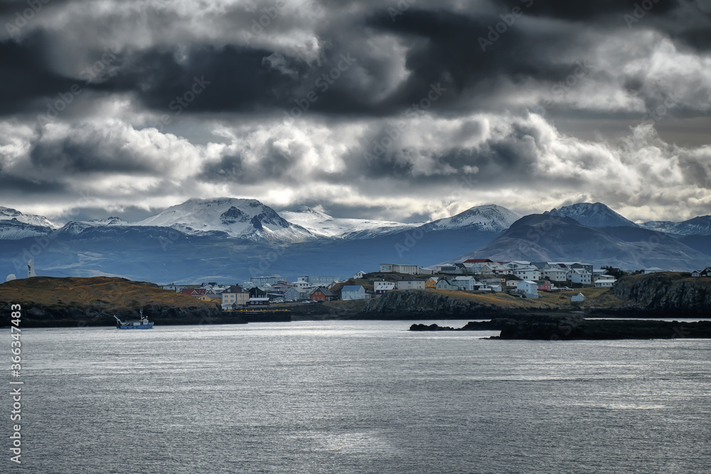 Panorama view of cityscape Stykkisholmur town, West Iceland, Snaefellsnes (Snæfellsnes) peninsula