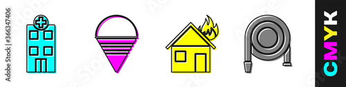 Set Medical hospital building, Fire cone bucket, Fire in burning house and Fire hose reel icon. Vector.
