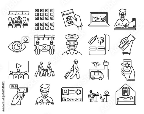 Safe travel and service black line icons set. Pictogram for web, mobile app, promo. UI UX design element.