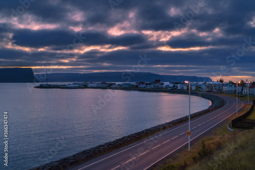 Patreksfjordur town at sunset, West Fjords or The Westfjords region in north Iceland