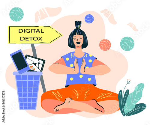 Meditating woman enjoying break in usage of gadgets. Digital detox and exit from phone and internet addiction concept with relaxing girl cartoon vector illustration.