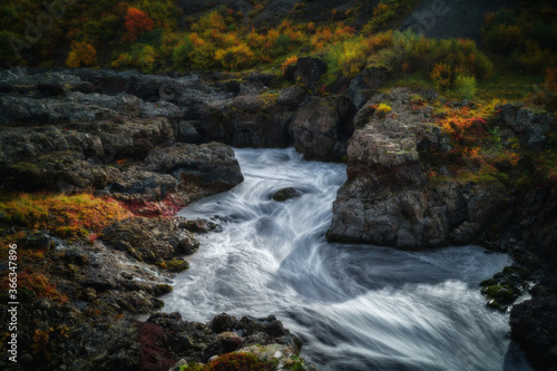 Icelandic nature landscape. Barnafoss waterfall, West Iceland. Long exposure effect