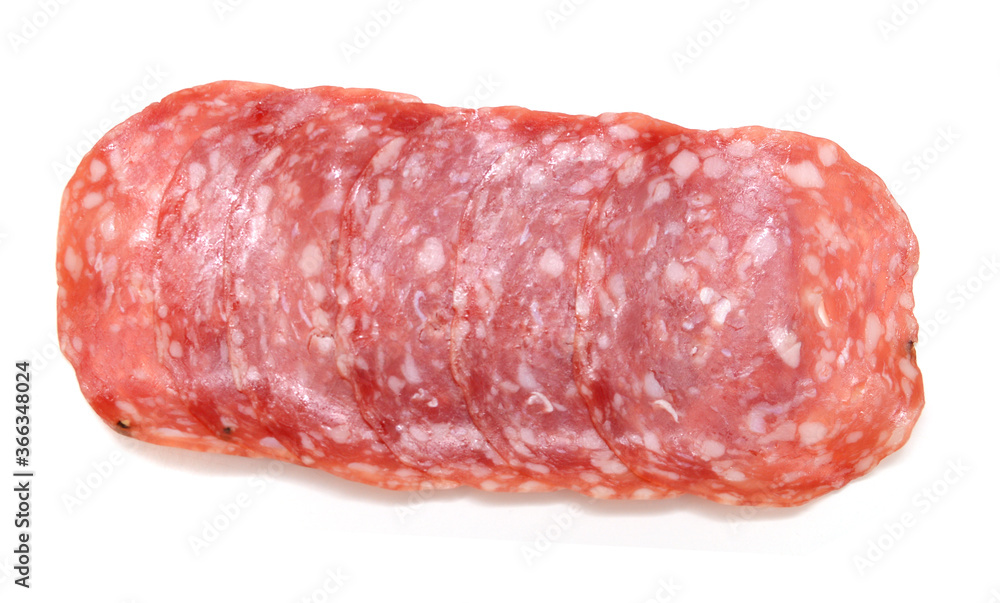 Salami smoked sausage slices isolated on white background. Salami smoked sausage slices isolated on white background.