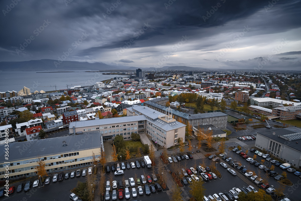 Panorama aerial view of Reykjavik city, Iceland. Urban cityscape from above