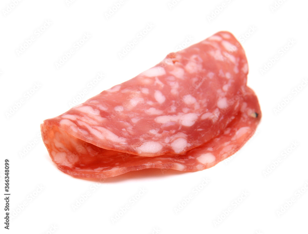 Salami smoked sausage slices isolated on white background. Salami smoked sausage slices isolated on white background.
