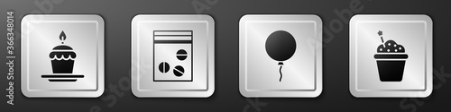Set Cake with burning candles, Plastic bag of drug, Balloon with ribbon and Cake icon. Silver square button. Vector.