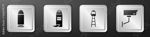 Set Bullet, Pepper spray, Watch tower and Security camera icon. Silver square button. Vector.