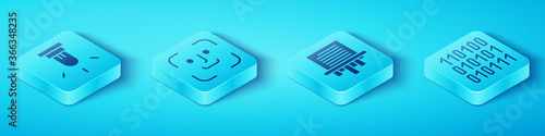 Set Isometric Motion sensor, Face recognition, Binary code and Paper shredder icon. Vector.