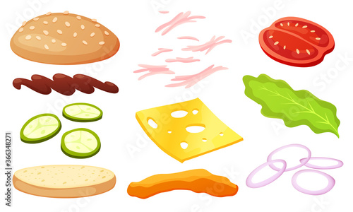 Burger ingredients diy collection. Set of isolated ingredients for build your own burger and sandwich. Sliced vegetables, sauces, bun and cutlet for burger. Vector burger maker