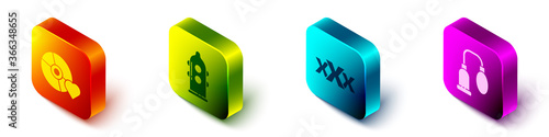 Set Isometric Adult label on compact disc, Condom, Sex shop and Penis pump icon. Vector.