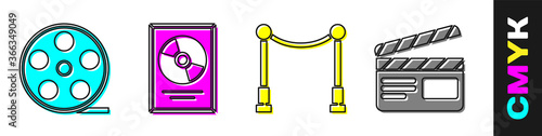 Set Film reel, CD disk award in frame, Carpet with barriers and Movie clapper icon. Vector.
