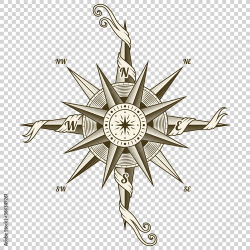 Vintage nautical compass. Old vector design element for marine theme and heraldry on transparent background. Hand drawn wind rose
