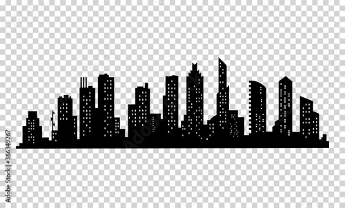 City silhouette. Modern urban landscape. Cityscape buildings silhouette on transparent background. City skyline with windows in a flat style