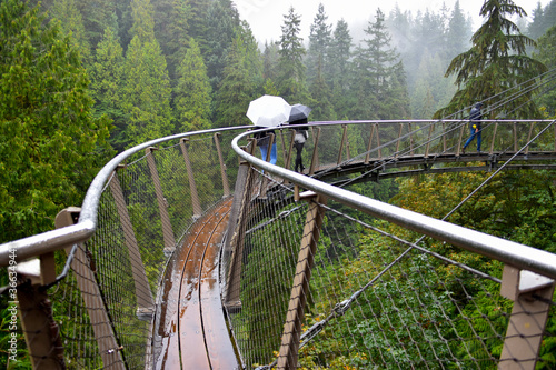 people with umbrellas on circular bridge over the Capilano Canyon in the rain.