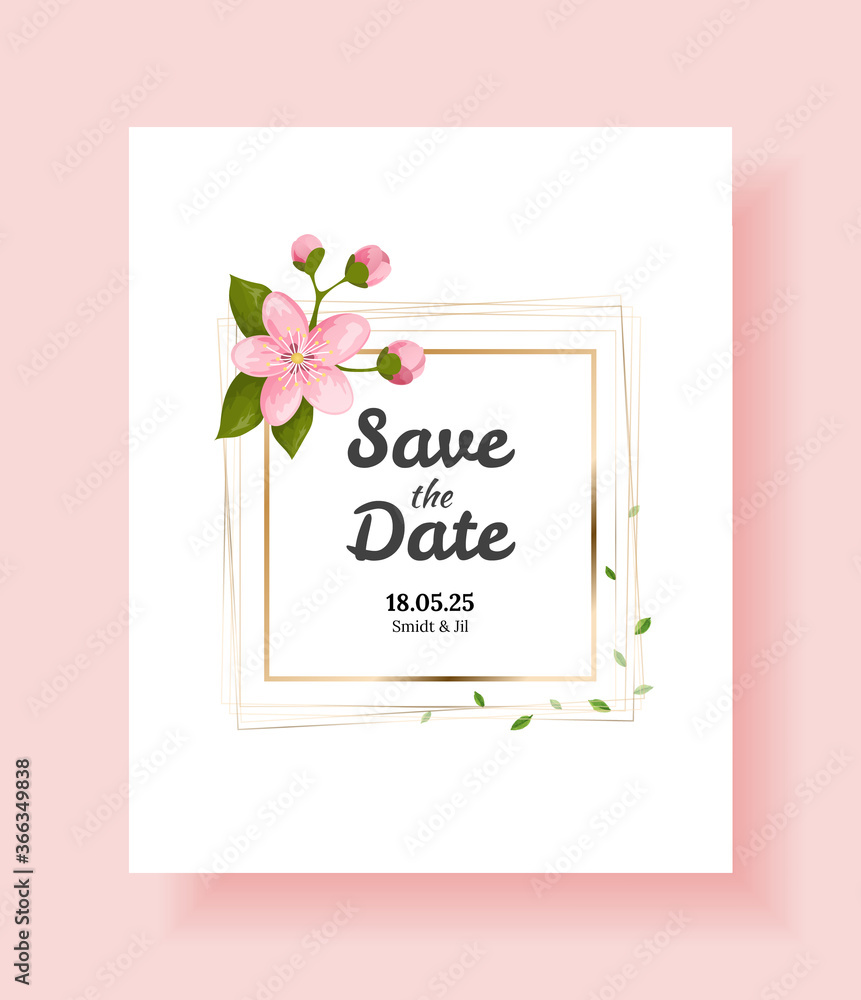 Luxury floral wedding invitation design or greeting card template with sakura branch and flowers