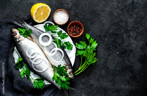 salted herring with onions and parsley on a stone background with copy space for your text