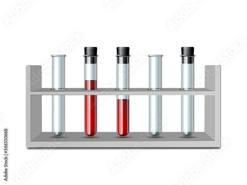 Test glass tubes in rack. Equipment for Biology science, education or medical tests.