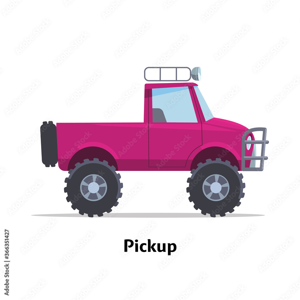 Pickup side view. Vector stock flat illustration. Raspberry cartoon, toy car. Simplified style for design and animation.
