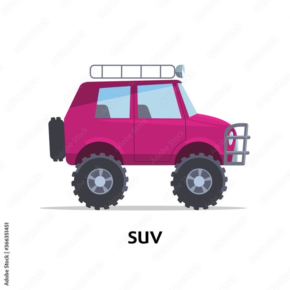 SUV side view. Vector stock flat illustration. Raspberry cartoon, toy car. Simplified style for design and animation. SUV side view. Vector stock flat illustration. Raspberry cartoon, toy car. Simplified style for design and animation.