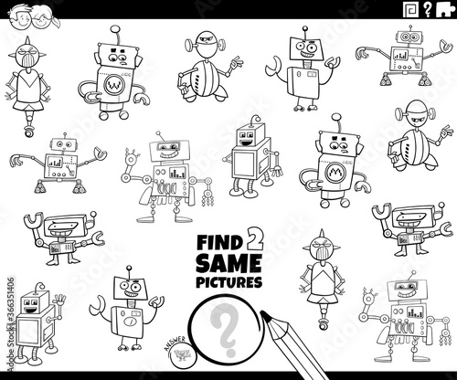 find two same robots task coloring book page