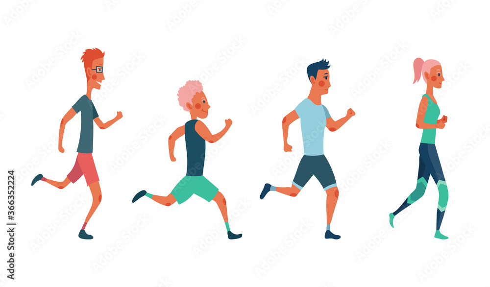 Men and women running marathon race. Group of people dressed in sports clothes. Participants of athletics event trying to outrun each other Men and women running marathon race. Group of people dressed in sports clothes. Participants of athletics event trying to outrun each other