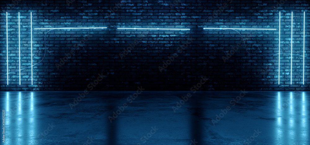Retro Neon Cyber Laser Fluorescent Blue Tube Lights Glowing On Old Club Night Dance Grunge Brick Wall Cement Concrete Floor Garage Underground Background 3D Rendering Retro Neon Cyber Laser Fluorescent Blue Tube Lights Glowing On Old Club Night Dance Grunge Brick Wall Cement Concrete Floor Garage Underground Background 3D Rendering