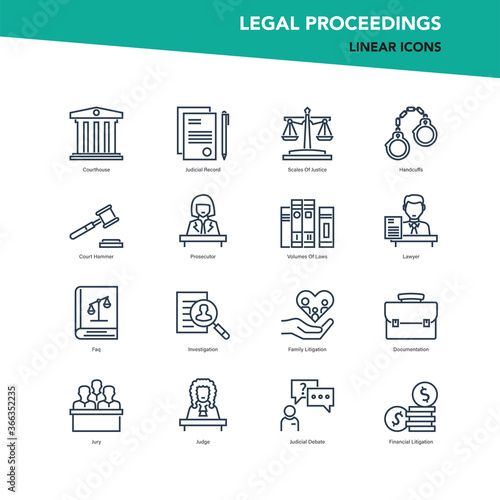 Vector set of line icons of legal proceedings and law