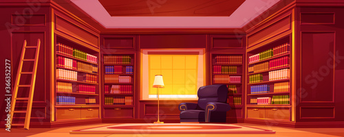 Library with bookcases, ladder, chair and lamp. Vector cartoon empty interior of old luxury library in house, store or university with wooden furniture, bookcases and armchair