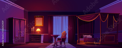 Luxury old bedroom interior at night. Empty dark room with wooden furniture and gold decoration, bed with canopy, armchair with crown decor, glow candles and lamp. Cartoon vector classic style design