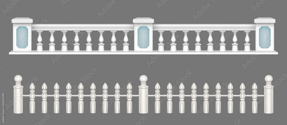 White marble balustrade, handrail for balcony, porch or garden in classic roman style. Vector realistic set of stone railing sections, banister with pillars and decorative columns White marble balustrade, handrail for balcony, porch or garden in classic roman style. Vector realistic set of stone railing sections, banister with pillars and decorative columns