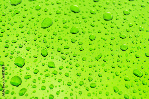 Bright Green Car Body Paint Covered by Car Wash Water Drops Background