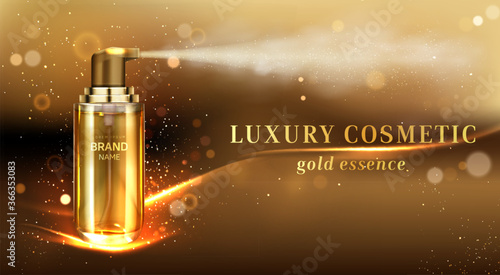Mist spray cosmetic bottle ad banner. Gold cosmetics tube on elegant blurred background with golden glitter and light waves, essence, beauty skin care product, Realistic 3d vector ads promo poster