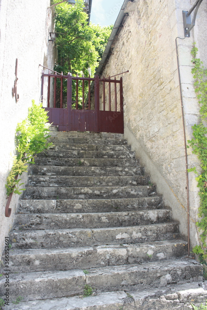 grand escalier en pierres, avec portail