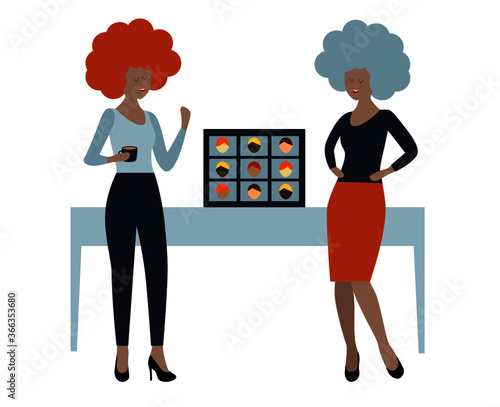 Social distancing in the office. African-american offce workers hold a virtual meeting vector illustration