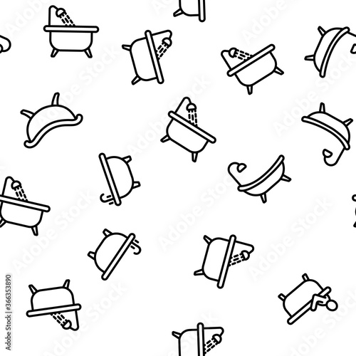 Bathtube And Shower Vector Seamless Pattern Thin Line Illustration