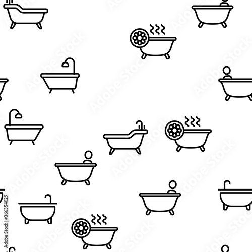 Bathtube And Shower Vector Seamless Pattern Thin Line Illustration