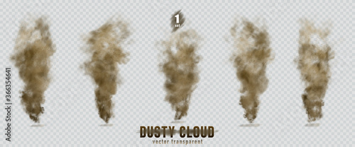 Dusty cloud or brown dry sand flying with a gust of wind, sandstorm, explosion realistic texture with small particles or grains of sand illustration 1 set isolated on transparent background. Vector.